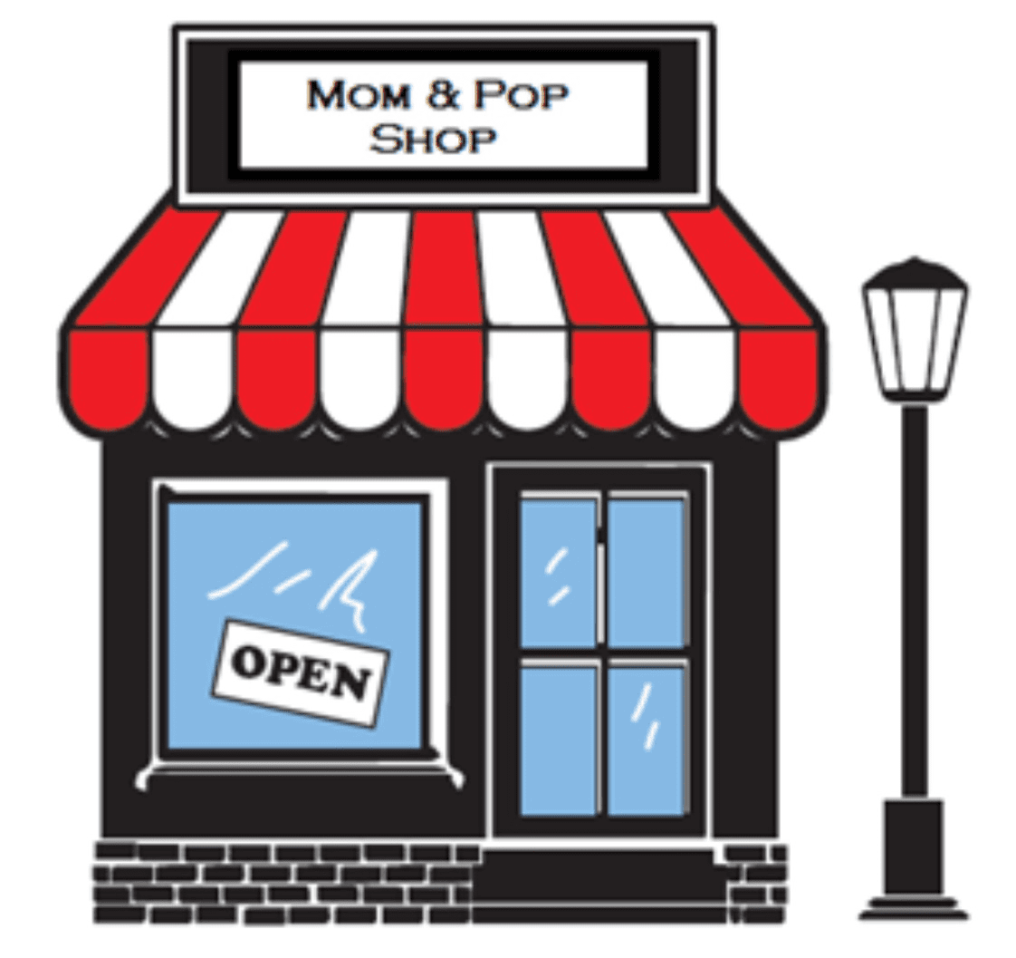 A cartoon of a store front with an open sign.